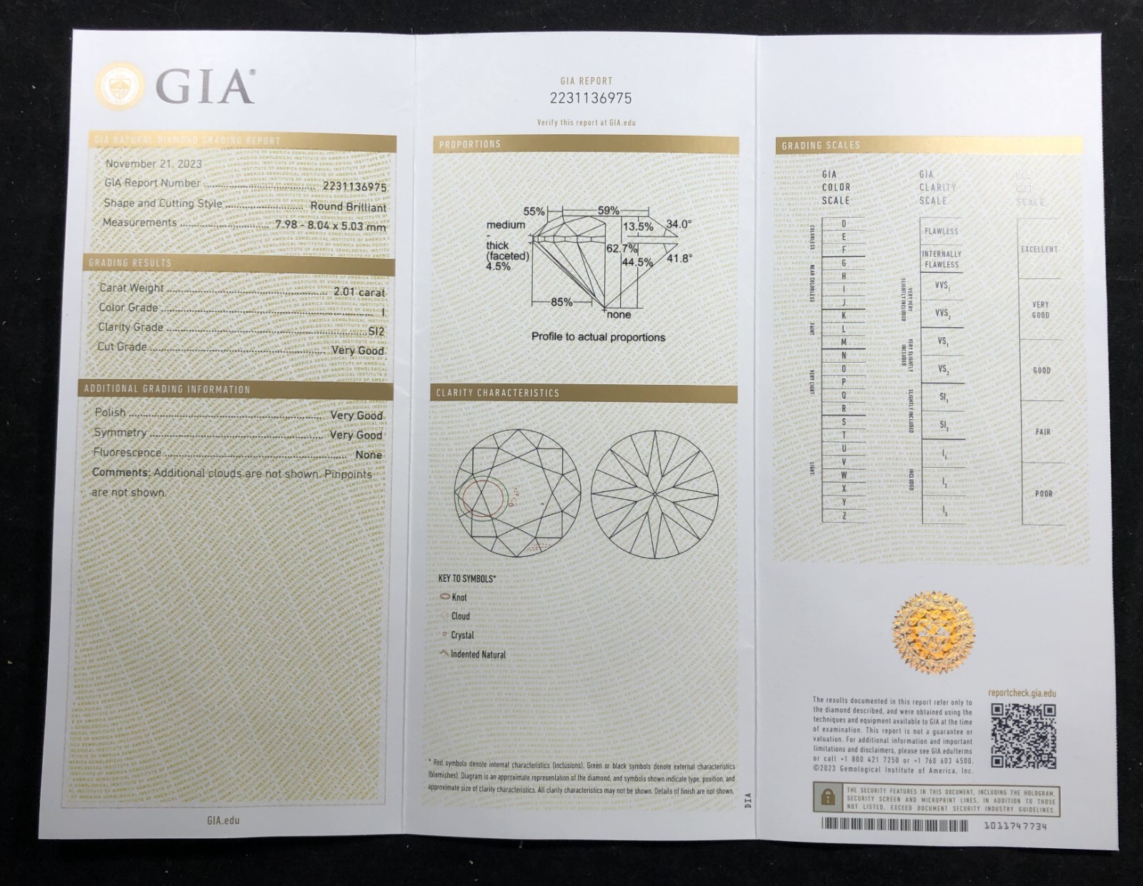 2.01 Carat Billiant Round Diamond. GIA, I Color. SI2 Clarity. Very Good Cut.