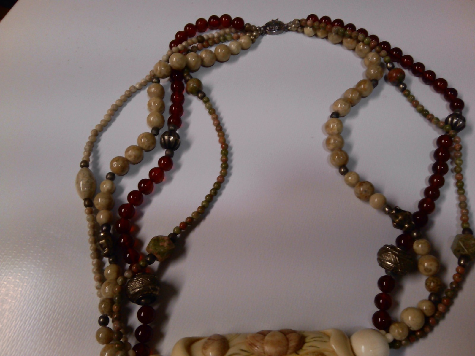 Vintage Hand Carved Bovine Bone Floral Pendant Roses & Necklace 25″