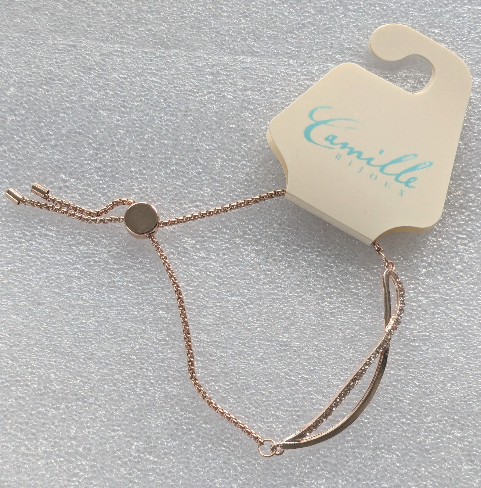 Camille Bijoux Rose Gold Bolo Slider Bracelet Adjustable Crossover Crystals B25