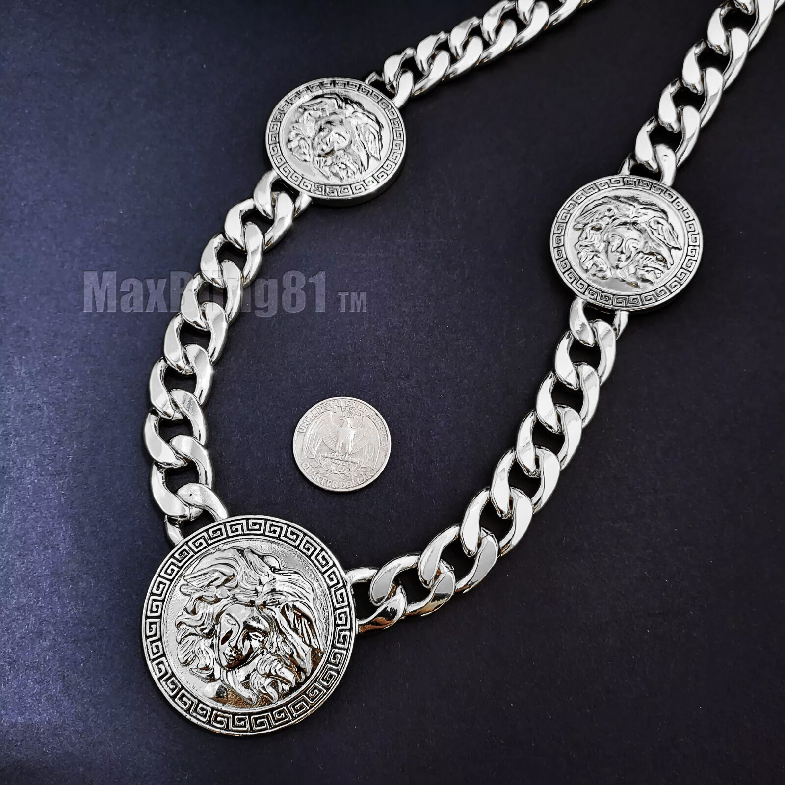 Silver Plated Medusa Head 3 Medallion Cuban Link Chain Necklace & 10mm 30″ Chain