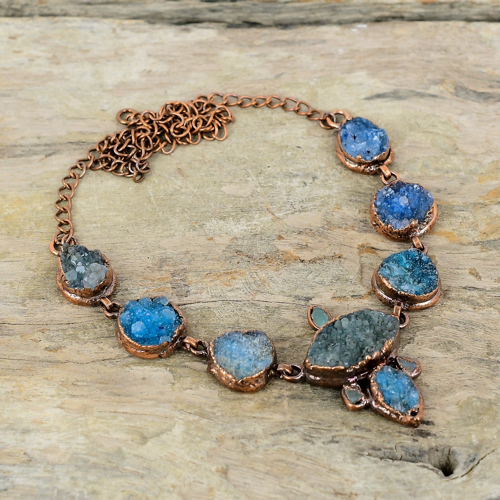 Blue Druzy Copper Gift For Sister Electroformed Chain Adjustable Necklace 18.0″