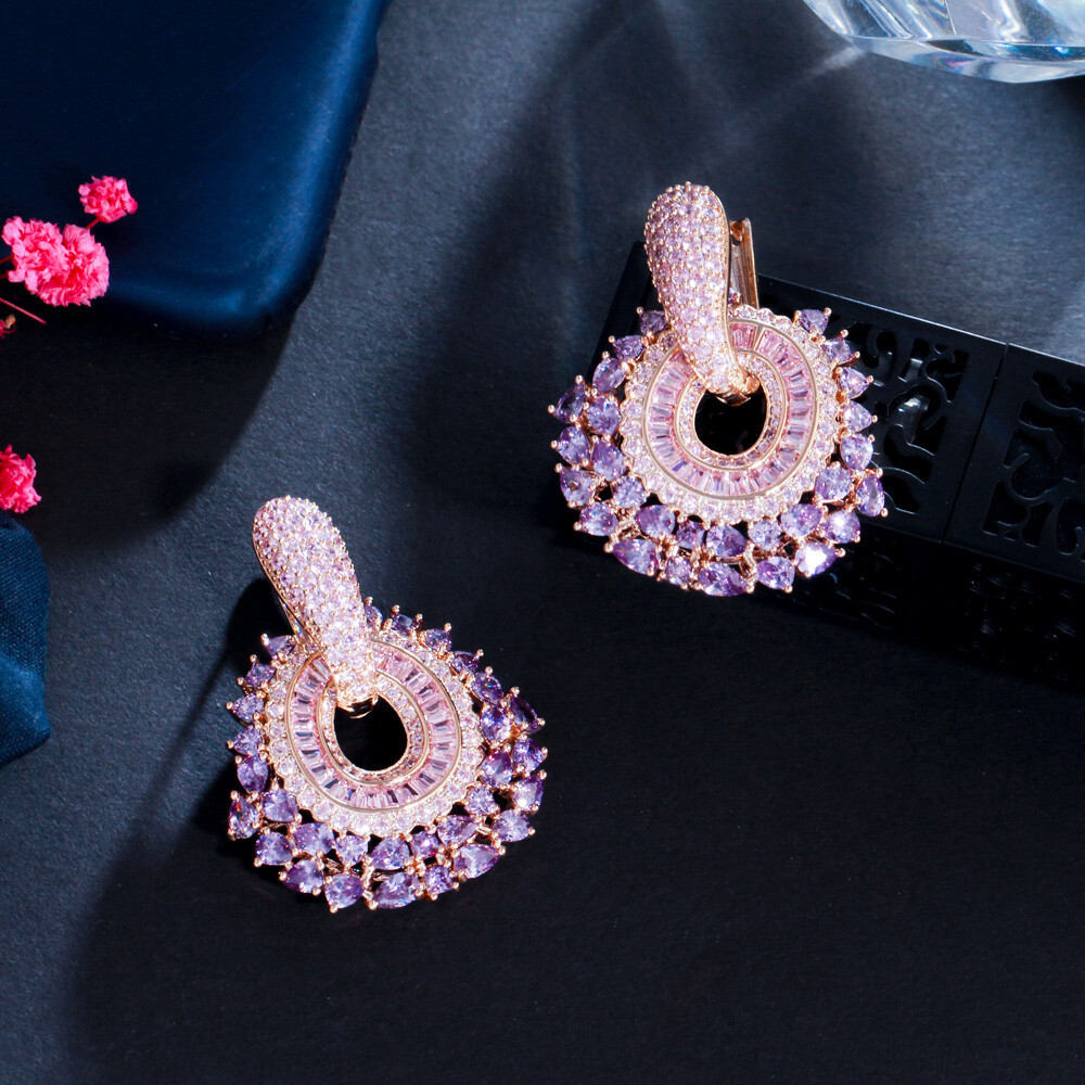 Dainty Double Use Round CZ Big Purple Drop Cluster Dangle Earrings Gold Jewelry