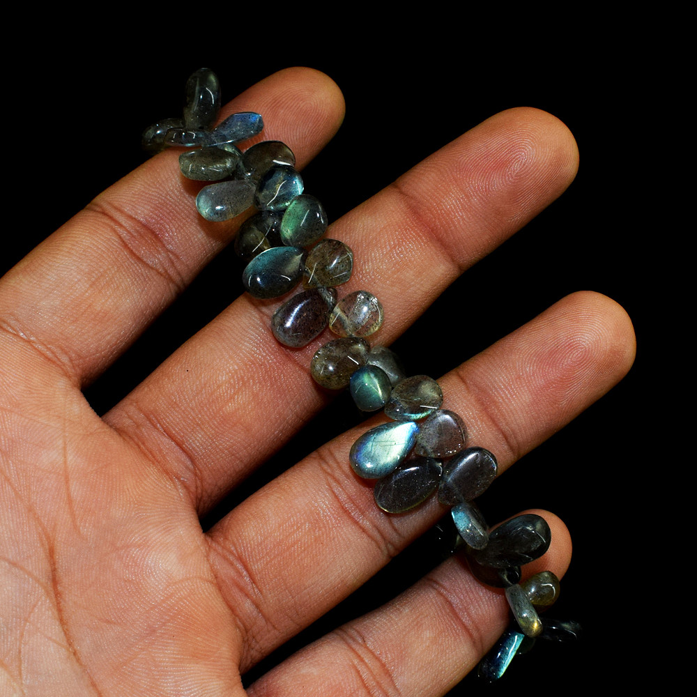 190.00 Cts Natural Golden & Blue Flash Labradorite Pear Beads Bracelet NK 20MK3