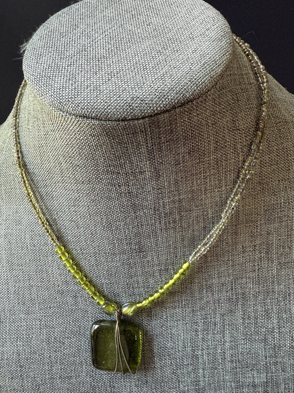 Art Glass Rectangle Wire Wrap Necklace Green Beaded Statement Choker Festival