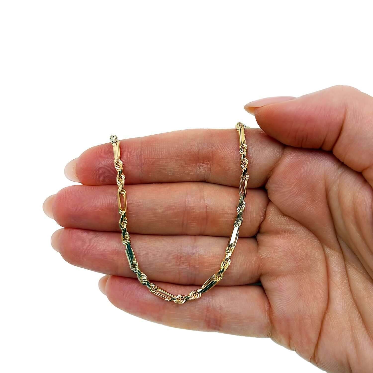 14K Tri-Color Gold Rose White 3mm Figarope Chain (Solid Links) 22″-26″