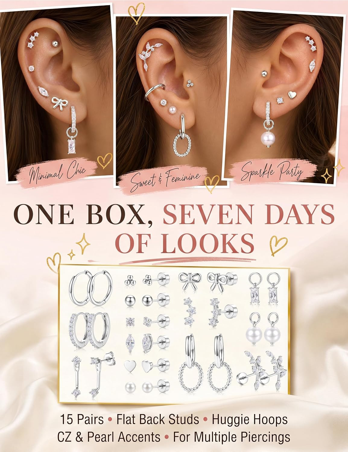 15 Pairs Stud Hoop Earrings for Women, Flat Back Cartilage Earring Set, Helix Tr
