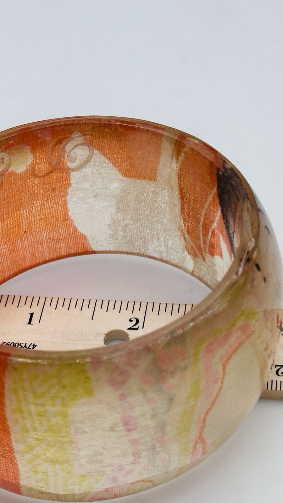Vintage Signed Asian Geisha Decoupage Lucite Wide Bangle Bracelet Orange