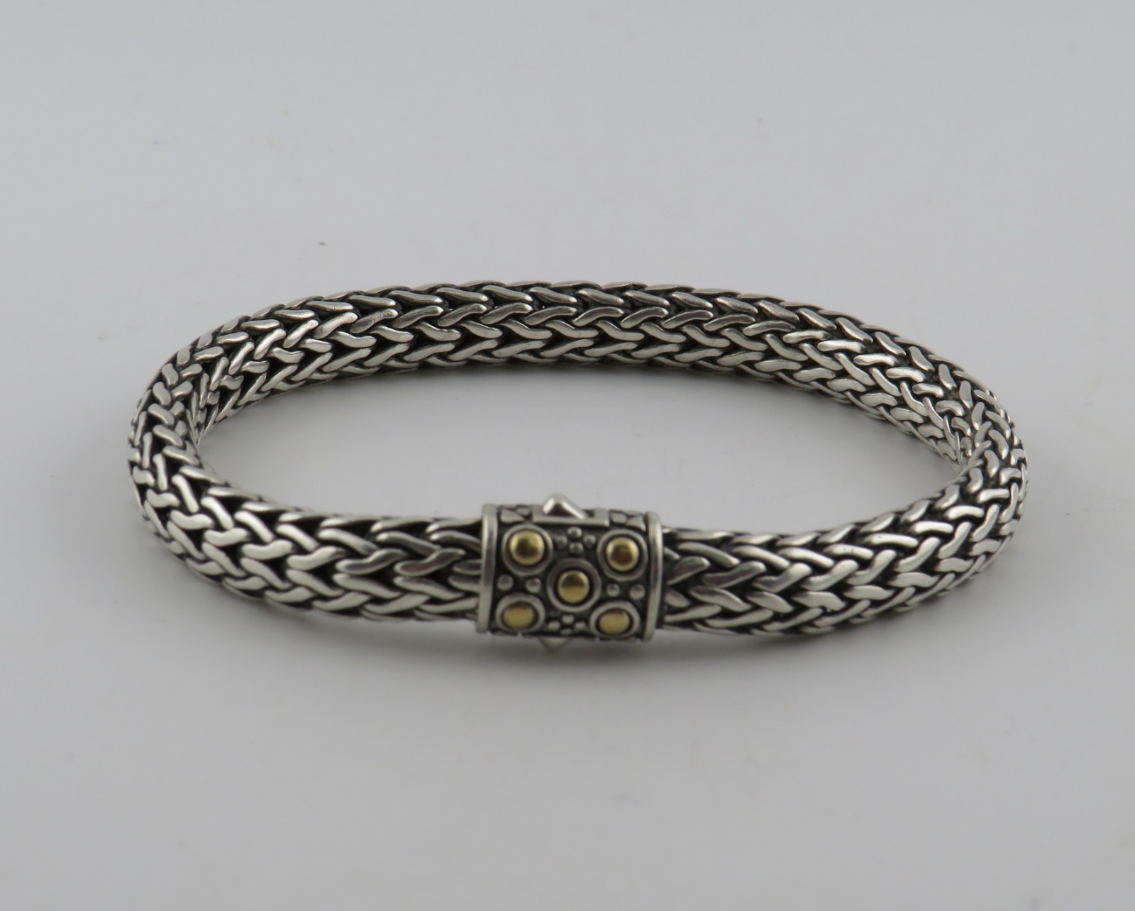 John Hardy Sterling Silver & 18K Yellow Gold Dot Braided Woven Bracelet 7″ #S035