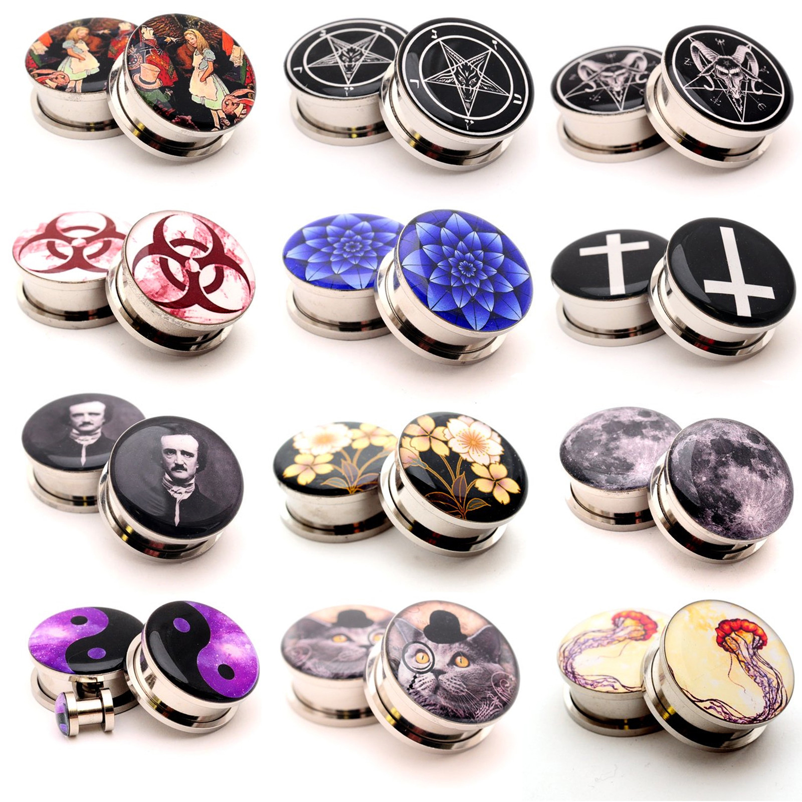Pair of Screw on Picture Plugs gauges Choose Style and Size 16g thru 1 inch