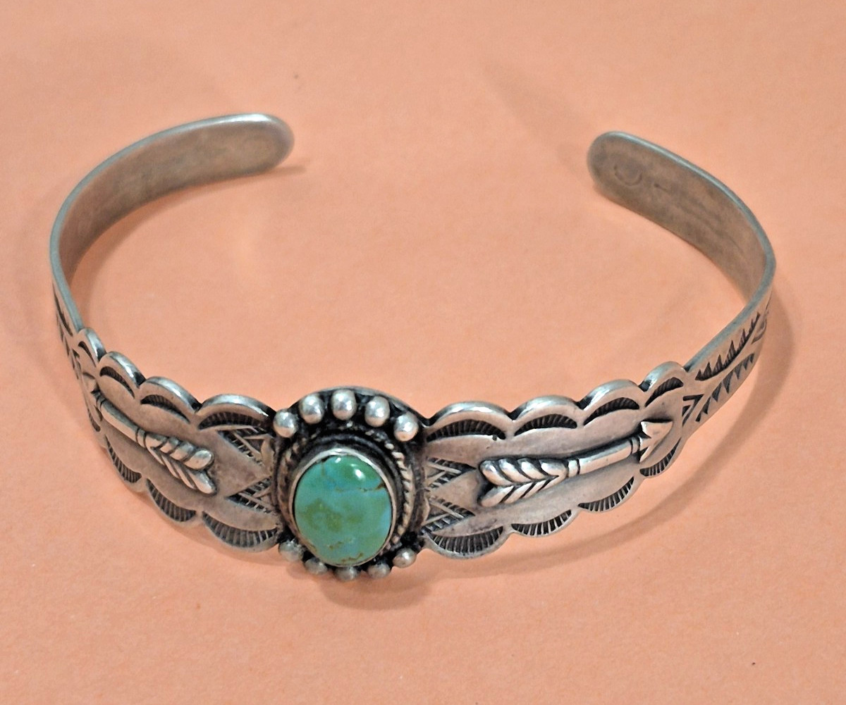 Vintage Fred Harvey Era Sterling Silver Turquoise Cuff Bracelet Arrow Stamp