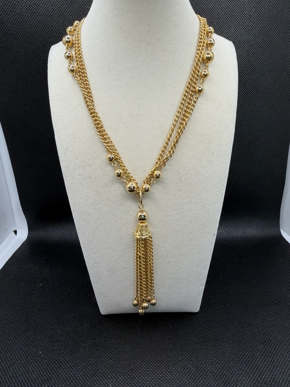 Necklace Gold Tone Multi Strand Chain with Round Metal Beads and Dangling Tassel