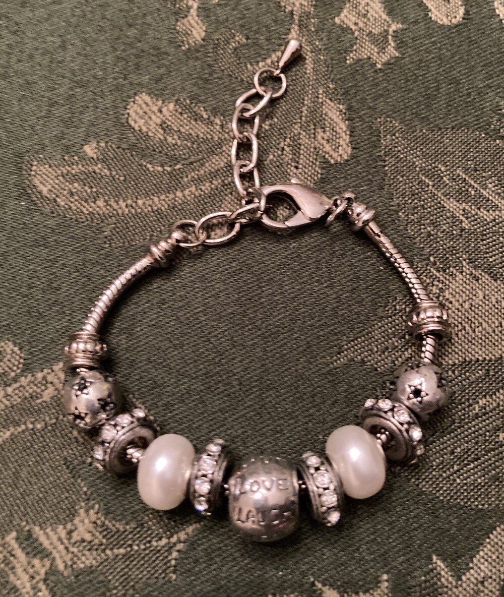 Bella Perlina Live Love Laugh Dream Charm Bracelet Silver Tone Rhinestone Spacer
