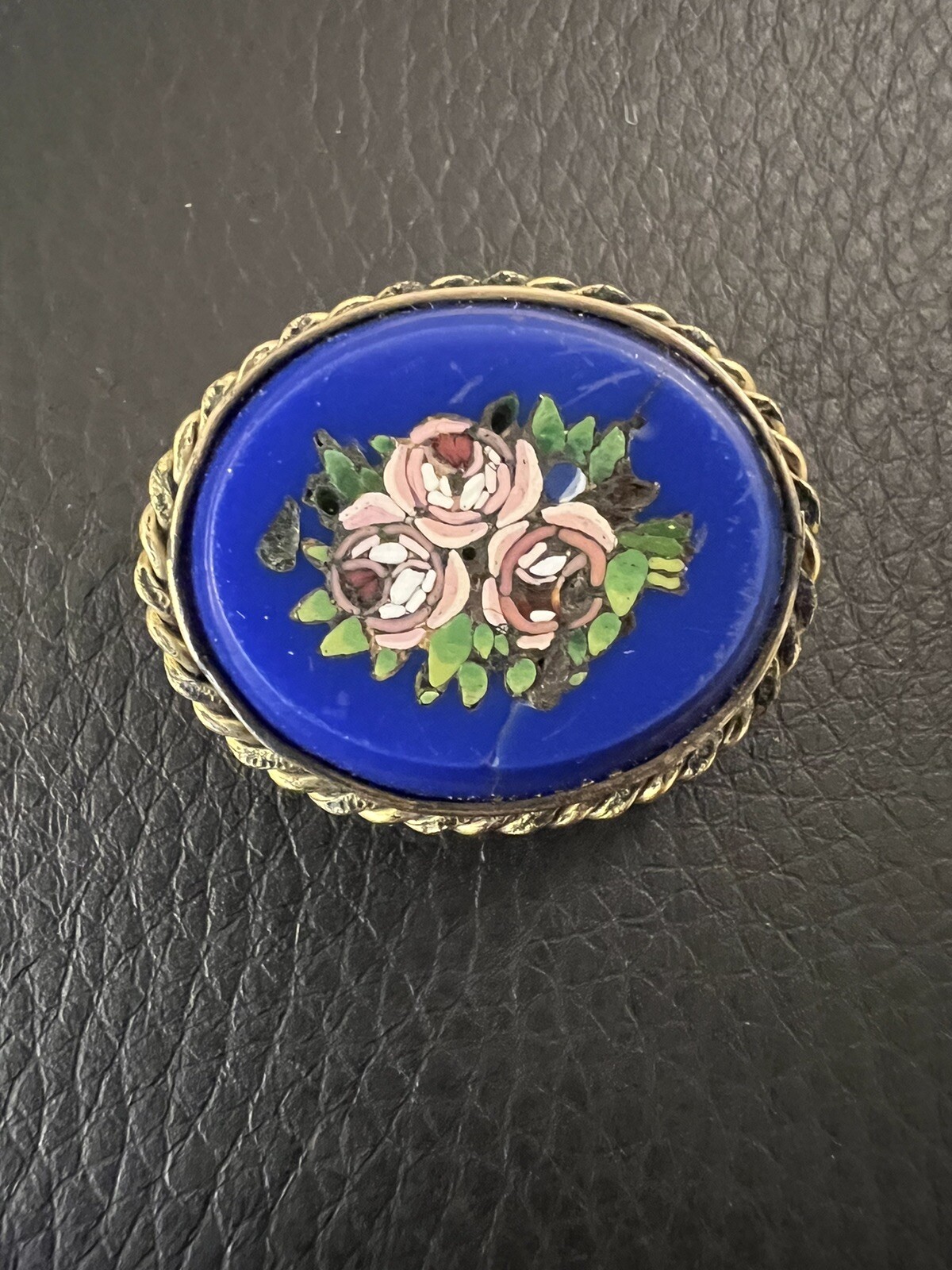 Antique Italian Pietra Dura Mosaic Inlay Pink Rose W Blue Gold Filled Pin Brooch