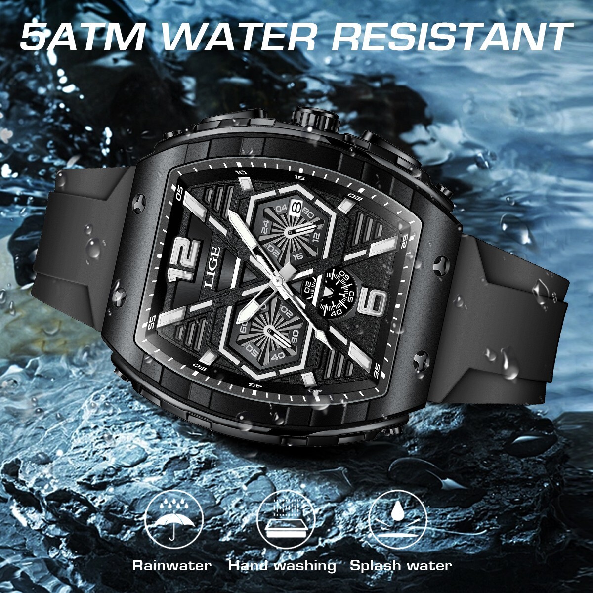 Men Watch Quartz Date Luminous Big Square Dial 5ATM Waterproof Sport Wristwatch