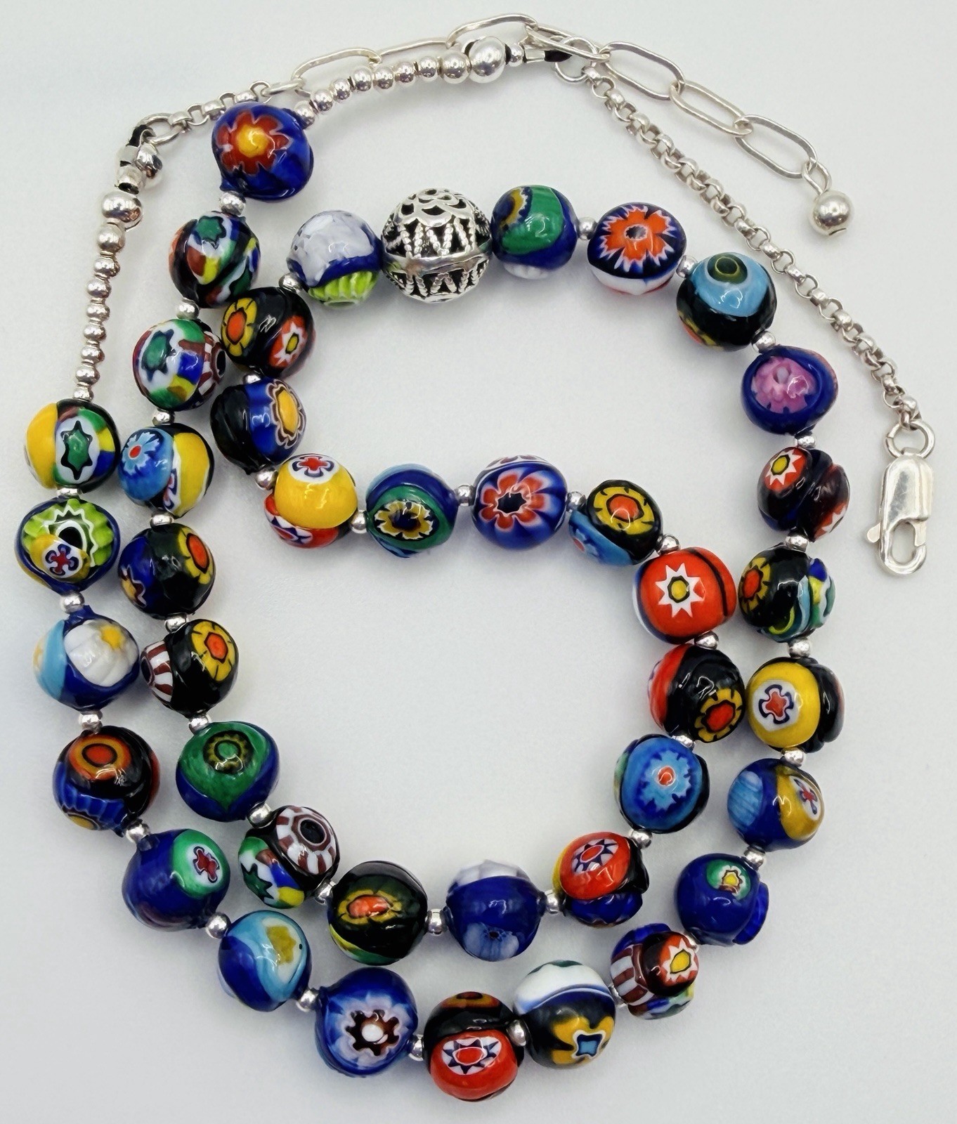 VTG Artisan Necklace Sterling Silver & Millefiori Venetian Murano Glass Bead 22″