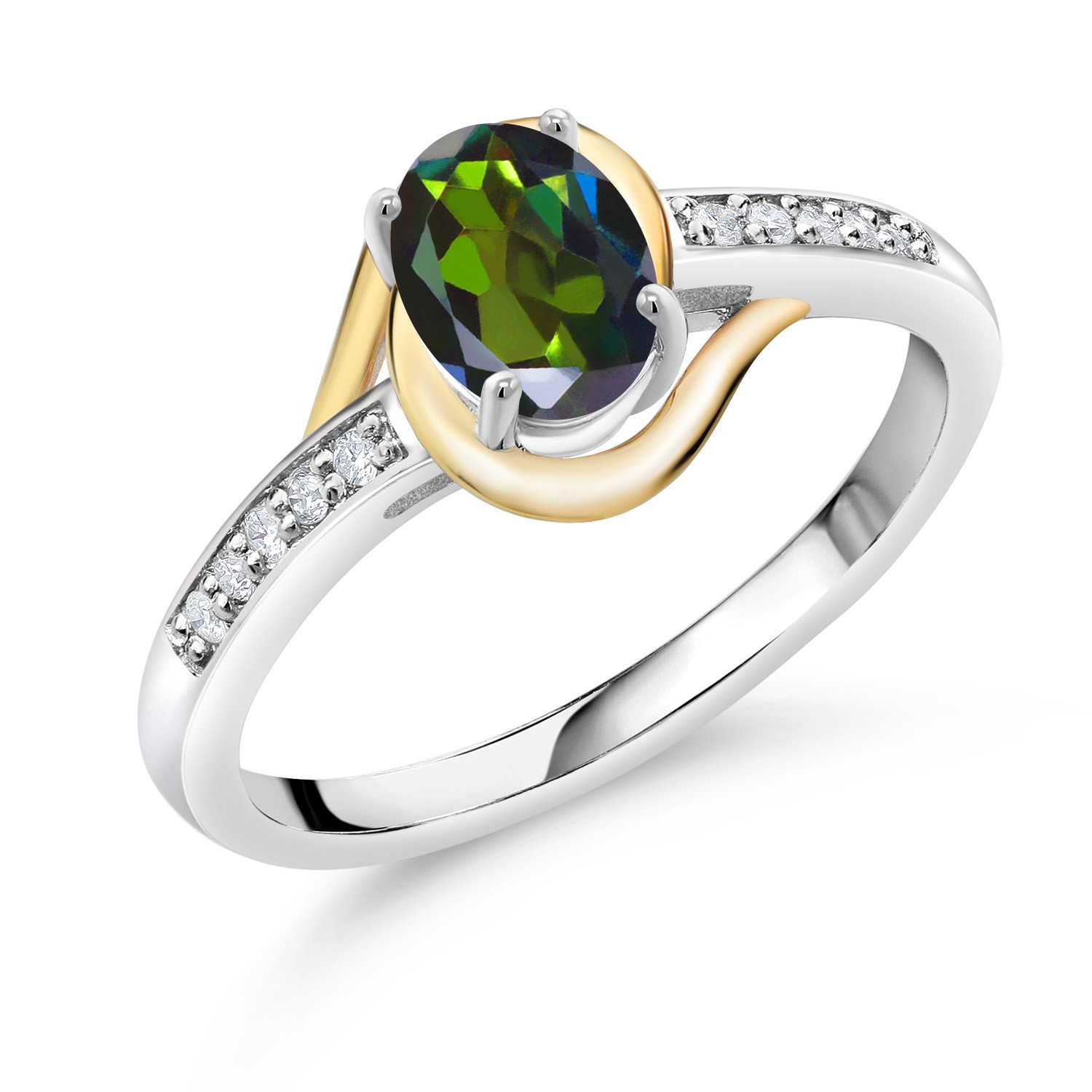 10K Yellow Gold and 925 Sterling Silver Tourmaline Green Mystic Topaz and White