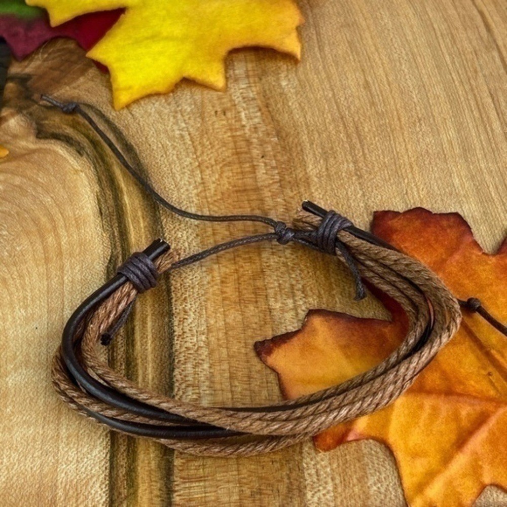 Mens Bracelets Bundle Adjustable Faux Leather & Hemp Bracelets Bundle