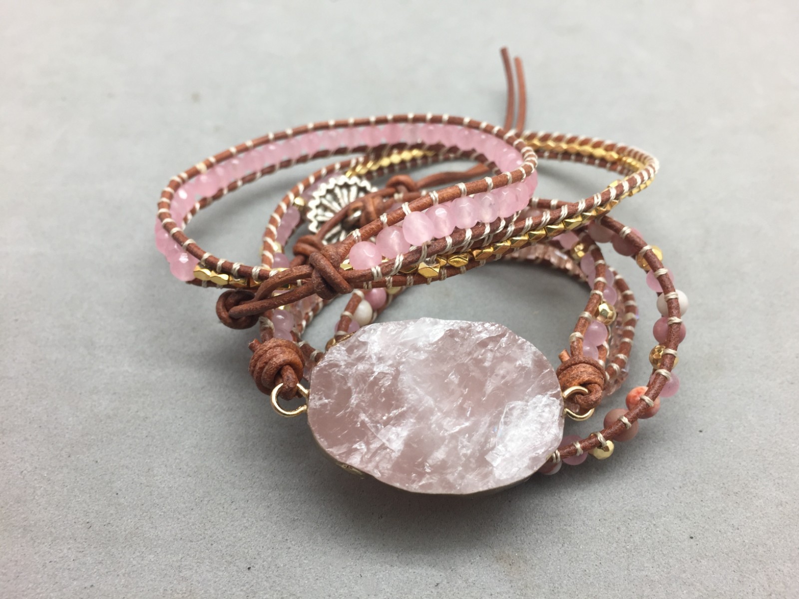 Natural Rose Quartz Crystal Beaded Leather Wrap Bracelet Heart Chakra Rhondonite