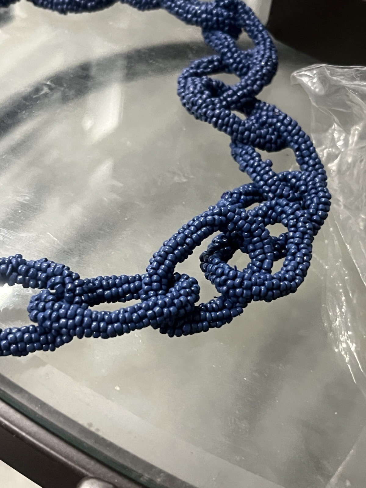 Blue Seed Bead Chain Link Statement Necklace Handmade Woven Magnetic Clasp