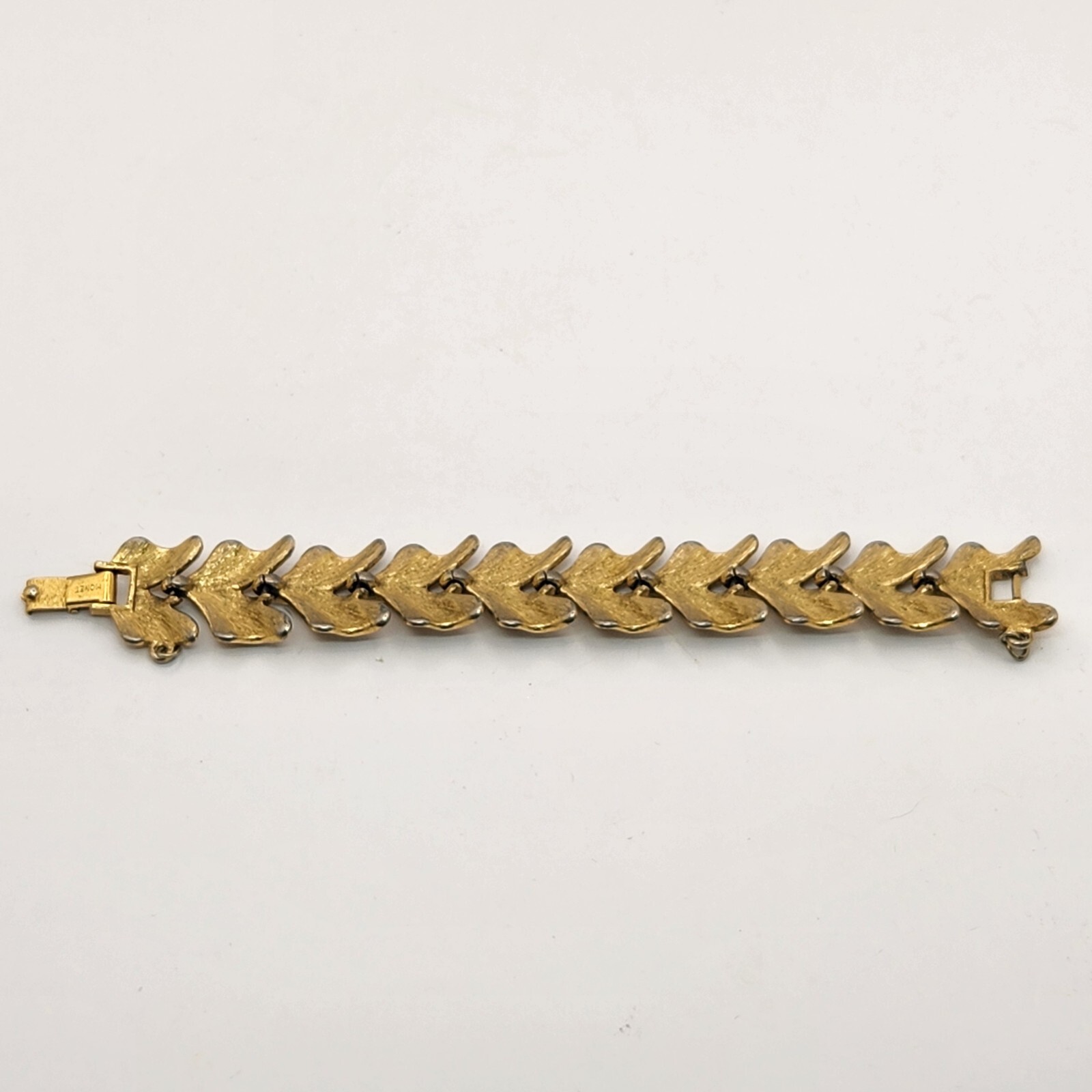 Vintage Monet Gold Tone Leaf Link Bracelet With Safety Chain Chunky Textured