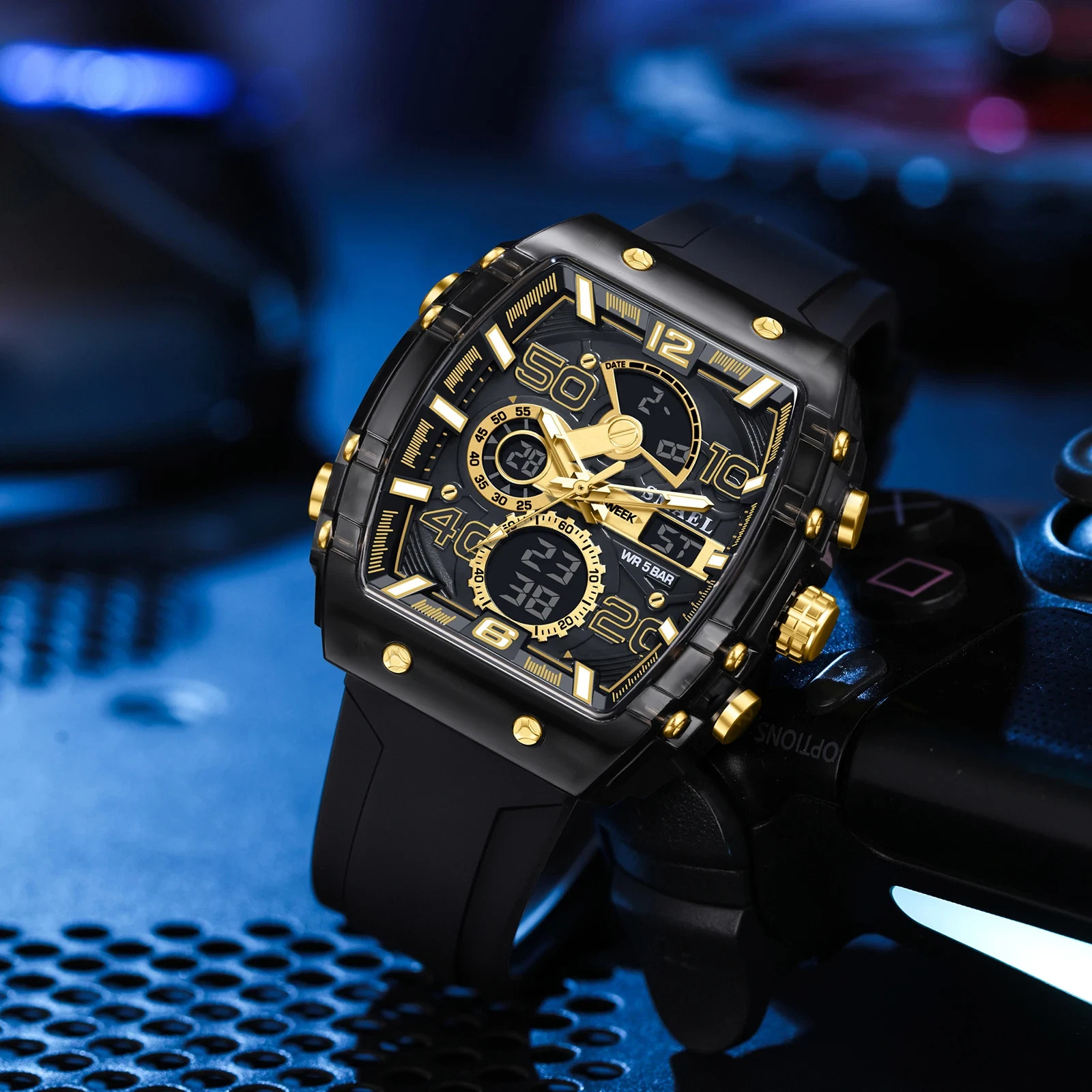 Fashion Men’s Electronic Watch Square Dual Display Waterproof Luminous Multi-Col