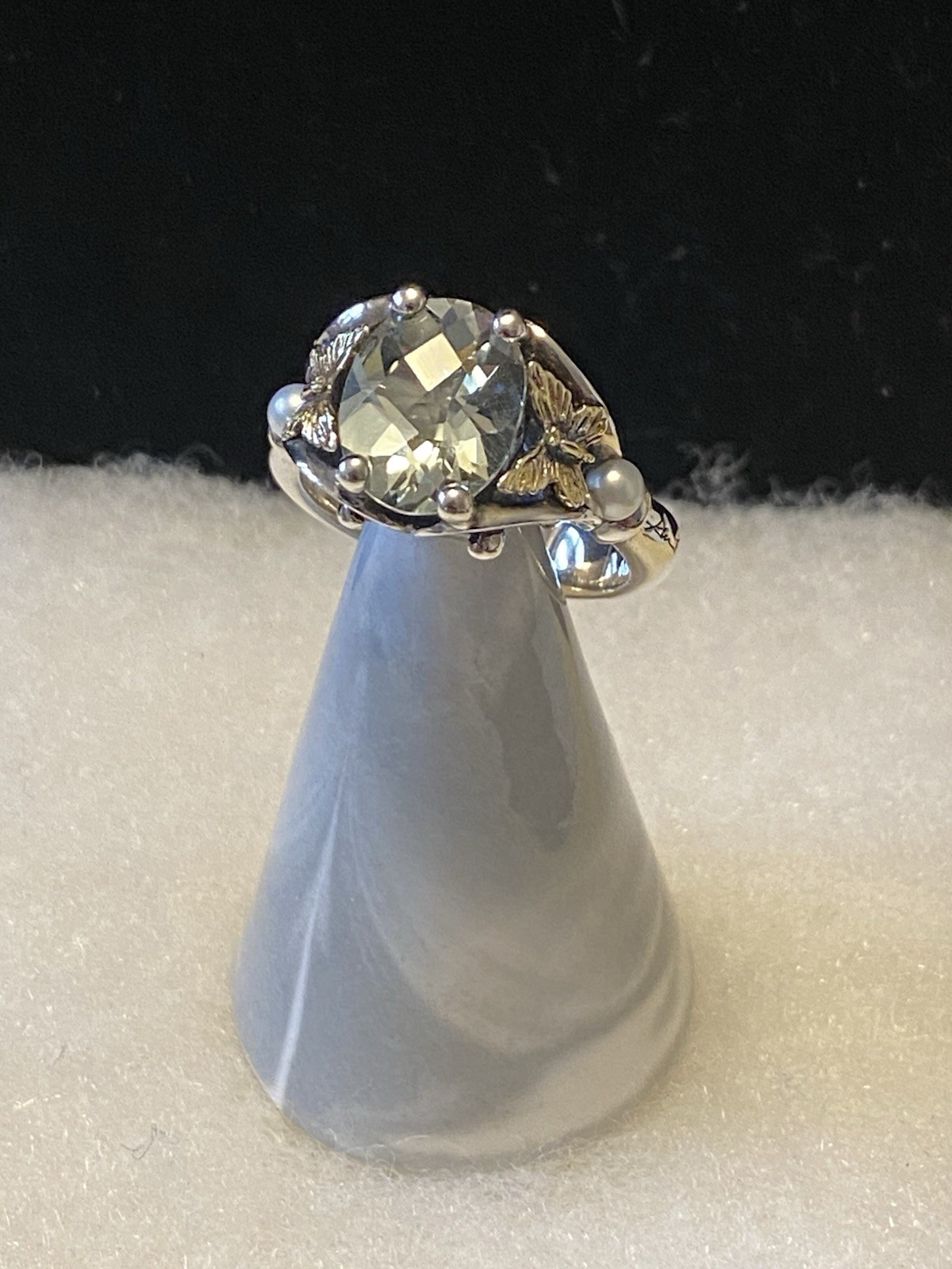 ANN KING Sterling Silver 18k Gold Light Green Pearl Butterfly Ring Size 9.5