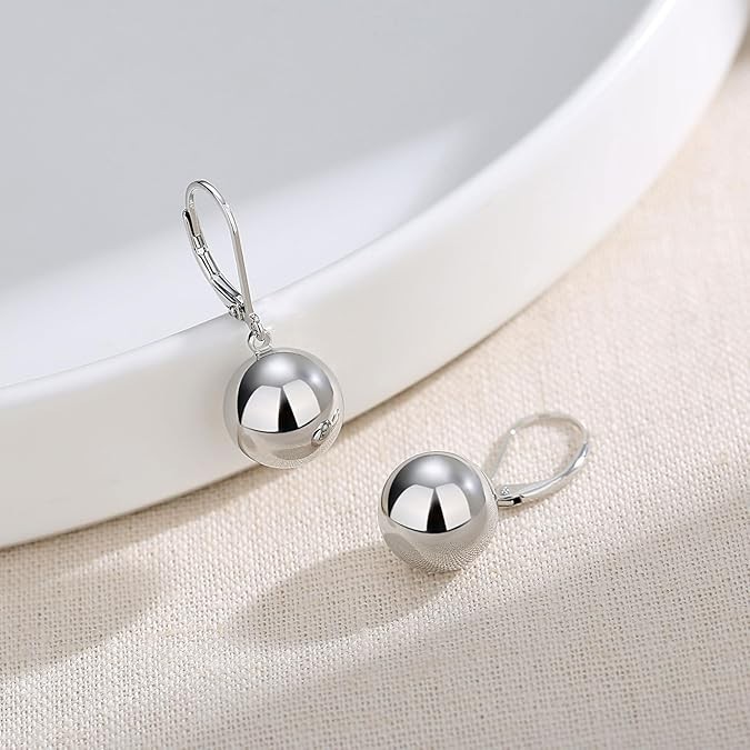 925 Sterling Silver Jewelry Leverback Ball Drop Dangle Earrings for Women 12 MM