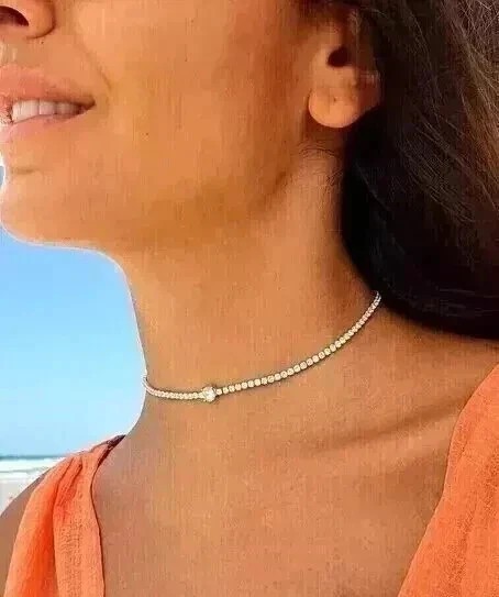 10 ctw Round Cut Created Diamond Women Choker Necklace 14K White Gold Finish 15″