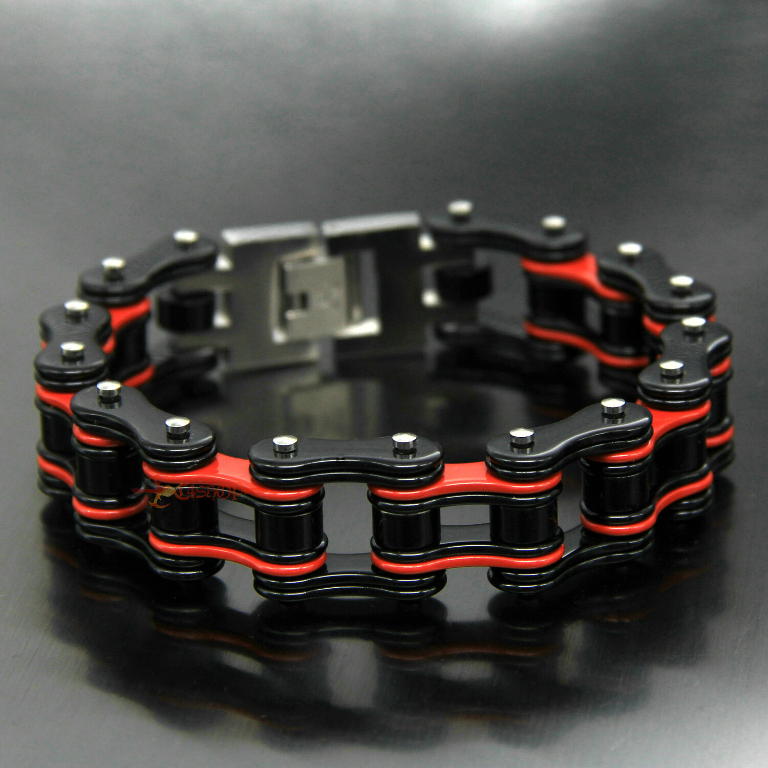 Mens Stainless Steel Motorcycle Bike Chain Link Bracelet Heavy Biker Black/Red