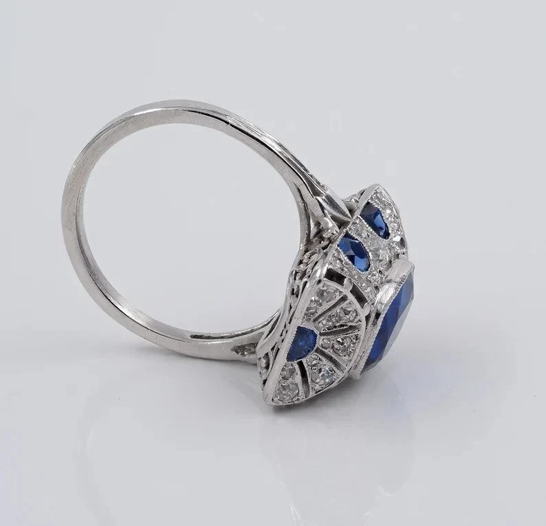 Art Deco Style Sapphire & Lab Created Diamond 14K White Gold FN Engagement Ring