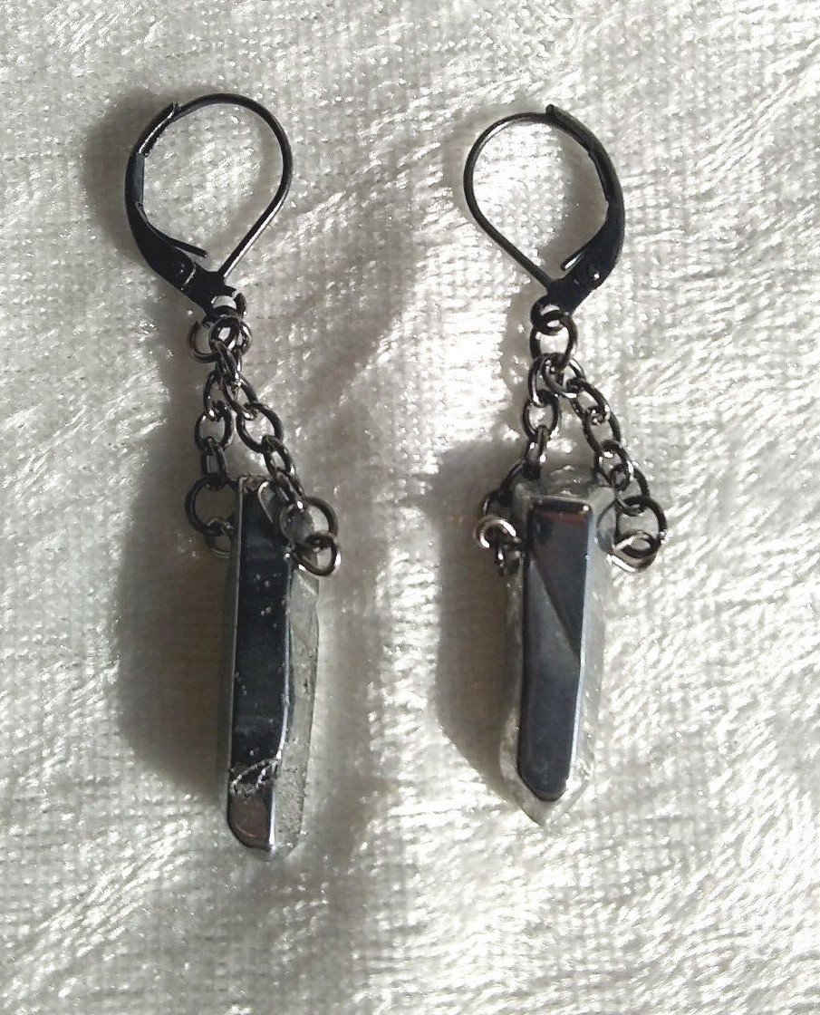 Silver metallic coated natural quartz chain dangle earrings gunmetal leverback