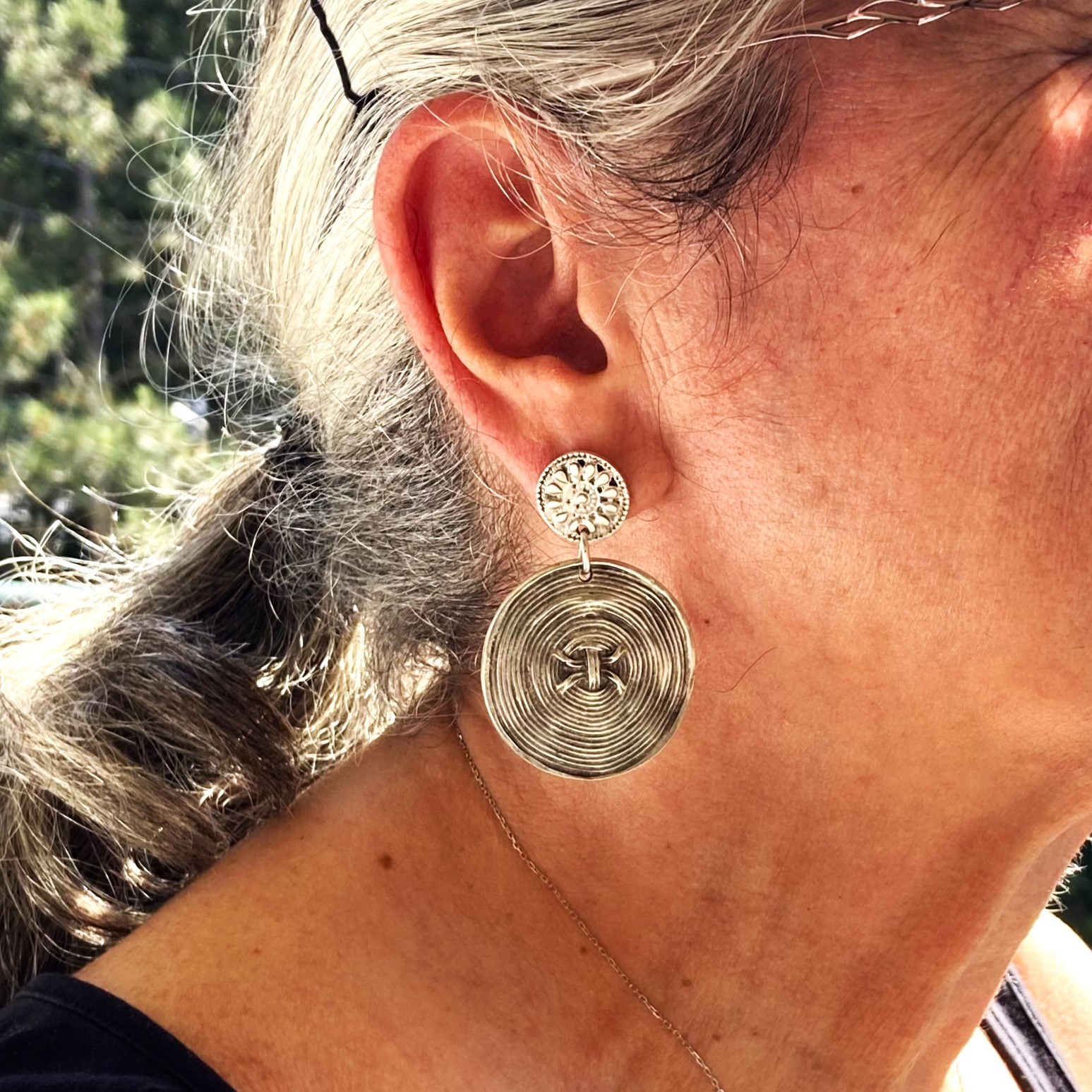 Boho Silver Spiral Disc Dangle Earrings Textured Round Statement Jewelry
