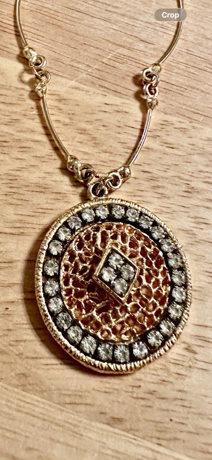 Vintage Gold Tone Filigree Medallion Pendant. Structured Chain. Rhinestones. #85