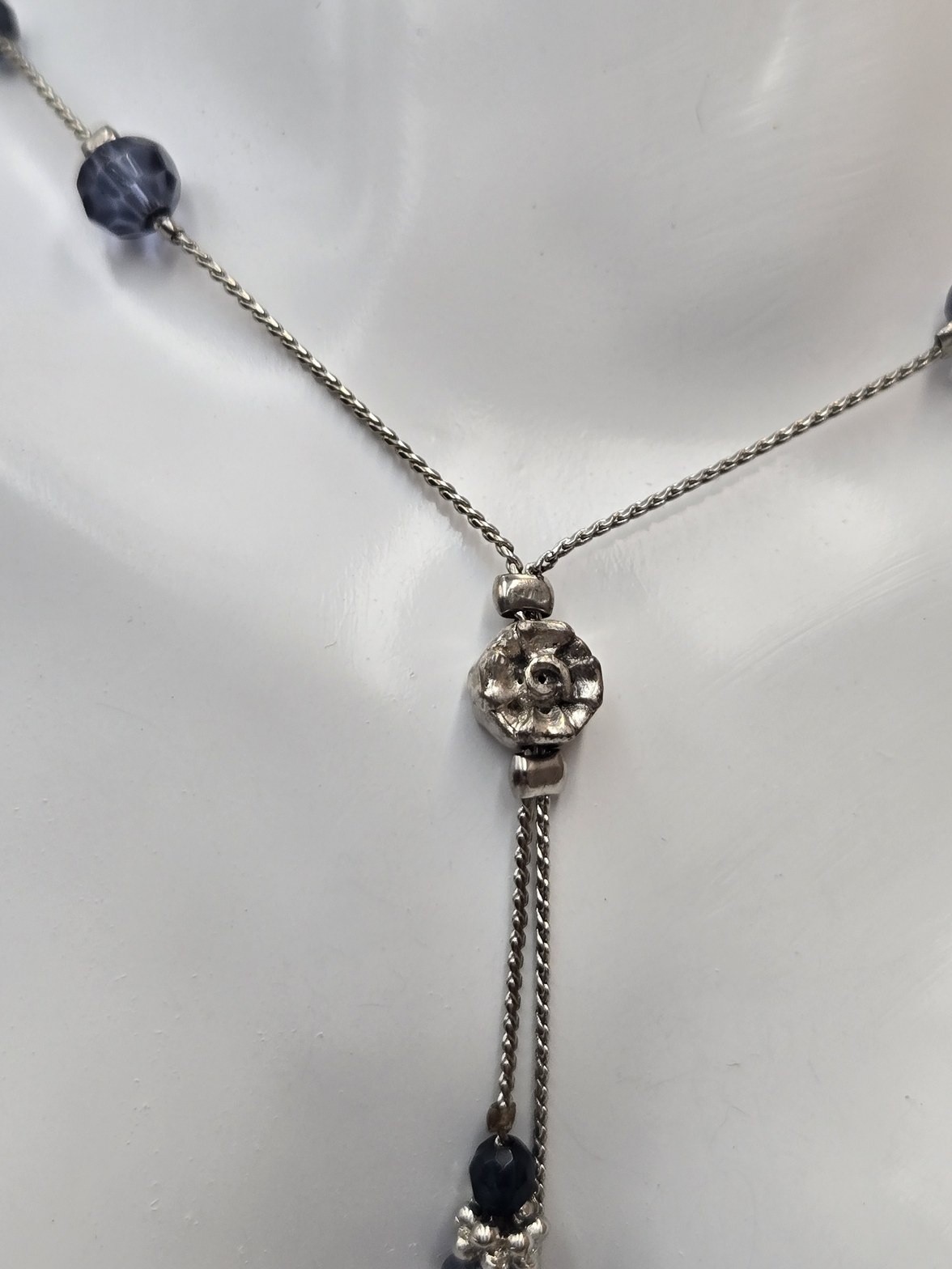 Silver-Tone Blue Crystal Bead Lariat Y-Drop Necklace Floral 318