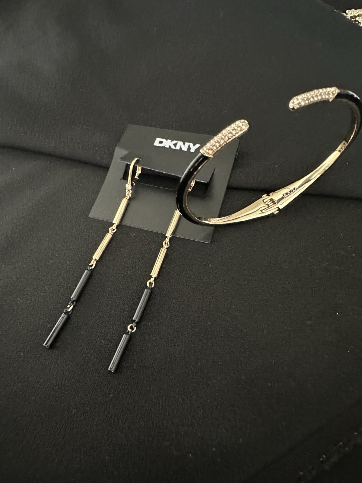 DKNY Set Enamel Bracelet/ Pave Crystals/ Linear Tube Earrings