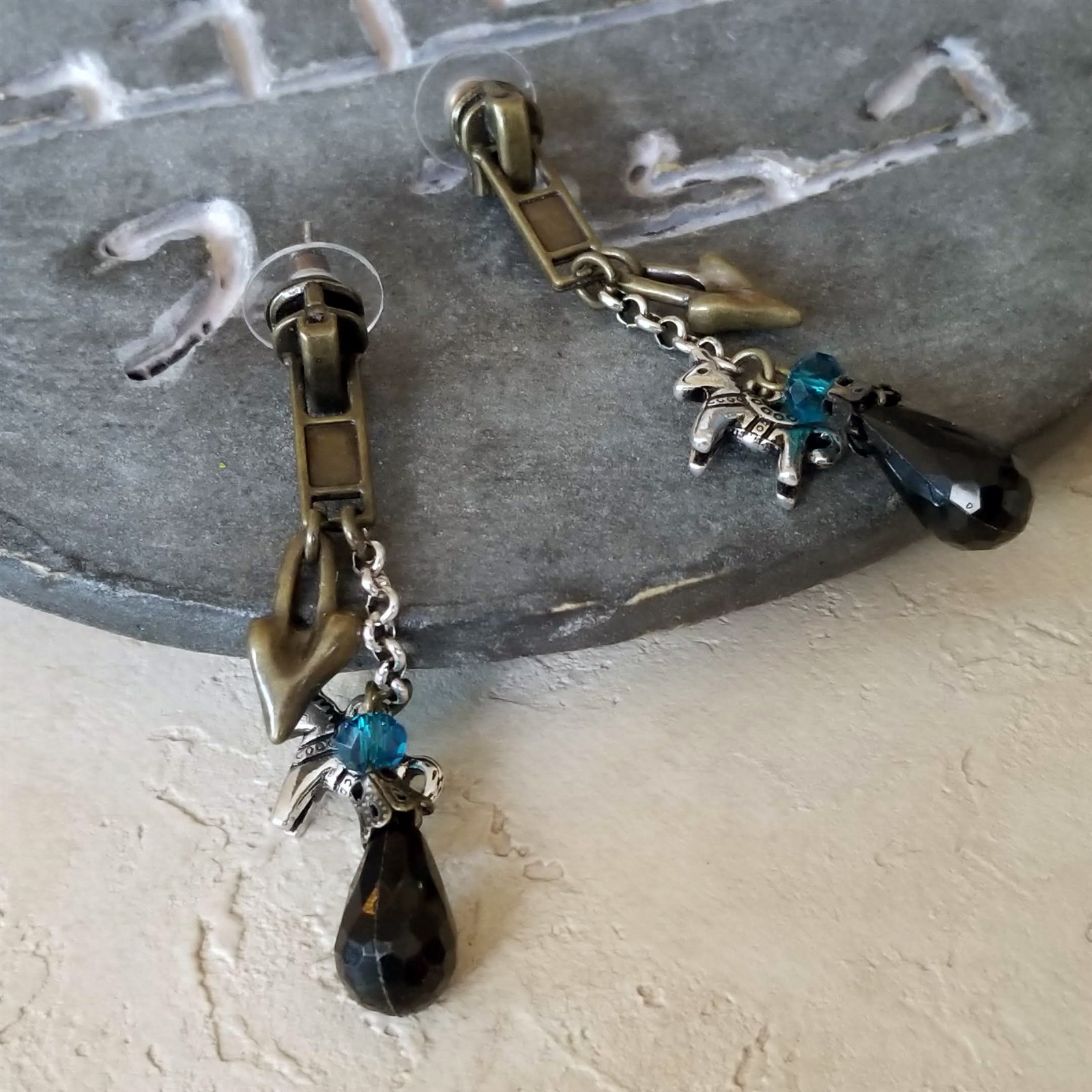 Steampunk Antiqued Brass Kitchen Sink Zipper Heart Teal Black Dangle Earrings