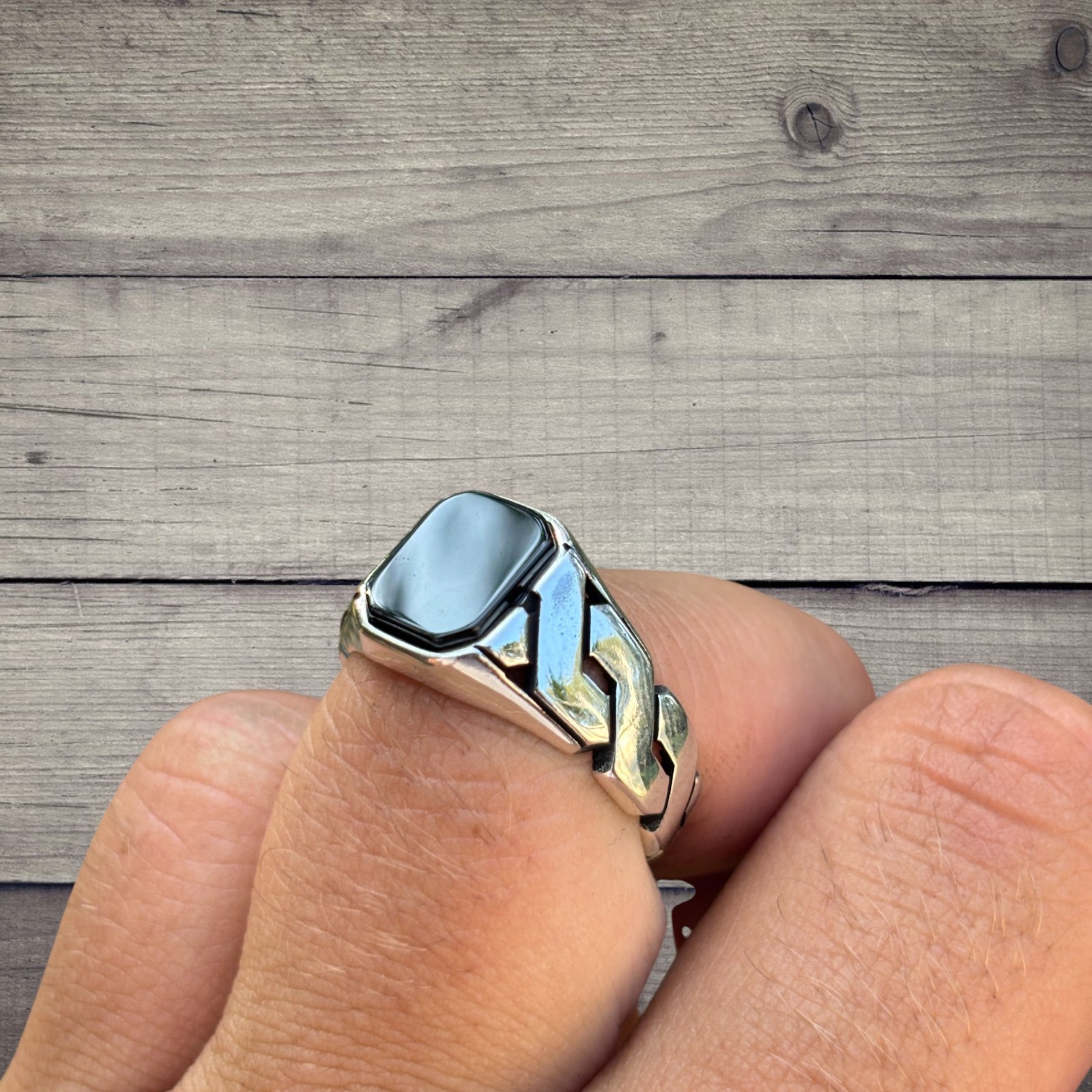 Black Onyx Stone Cuban Ring – Real Solid 925 Sterling Silver MADE IN ITALY