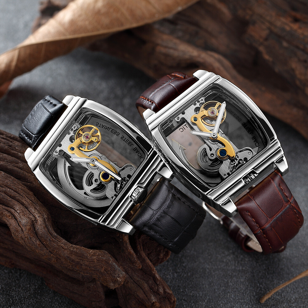 SHENHUA Mens Luxury Automatic Mechanical Transparent Skeleton Self-wind Watch