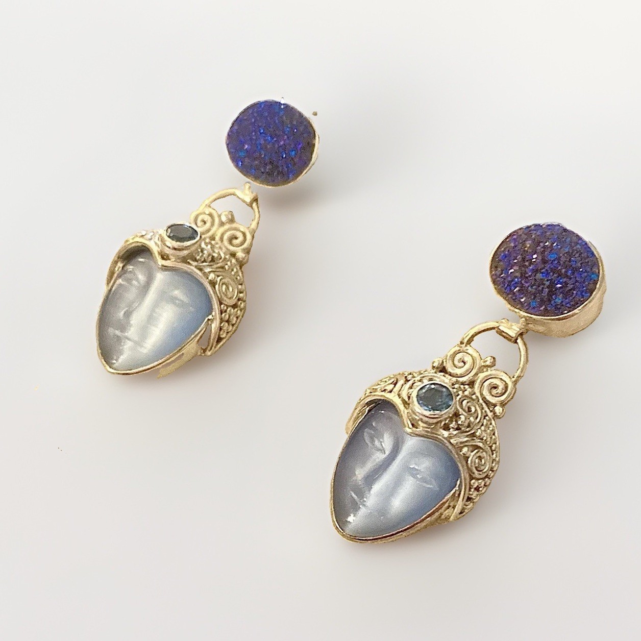 Vintage Sajen 925 Sterling Silver Carved Goddess Face Druzy, Topaz Earrings