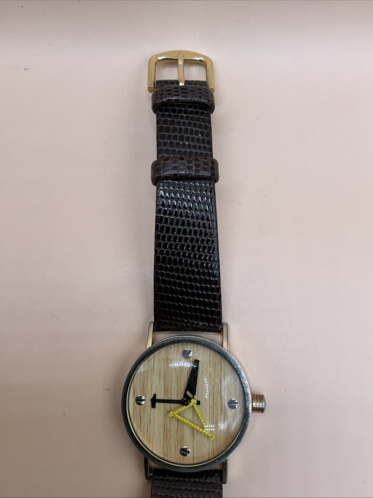 Consort Analog Wood Grain Beige Dial Brown Leather Stainless Steel Wristwatch