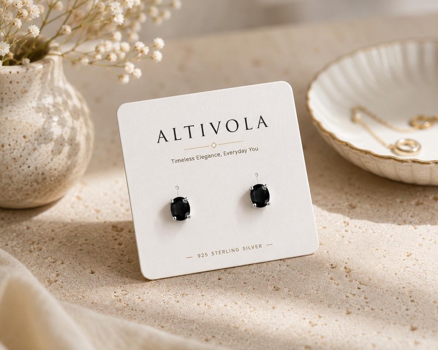 Black Onyx Stud Earrings Silver Oval Gemstone Minimalist Jewelry Gift for her