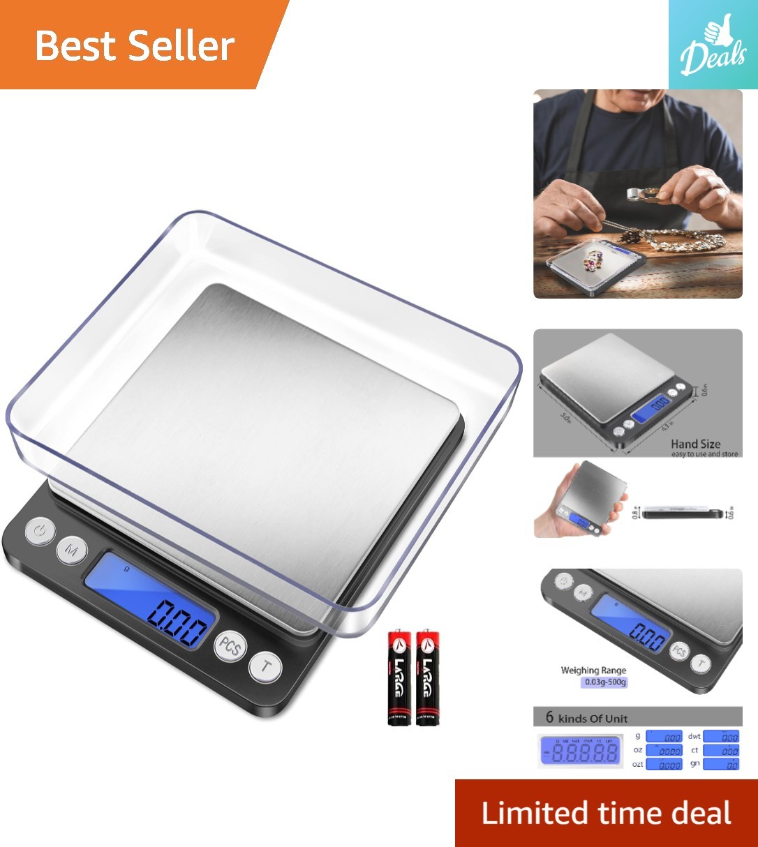 Compact Digital Scale with TARE Function & 2 Trays – Weigh Food, Herbs & Jewelry