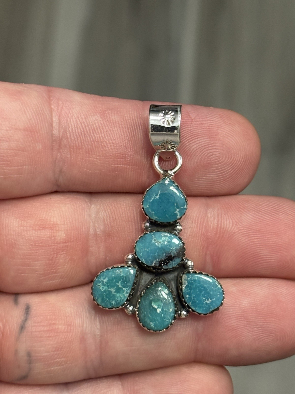 STERLING SILVER WHITE WATER TURQUOISE 5 STONE MIX SHAPE CLUSTER PENDANT .925