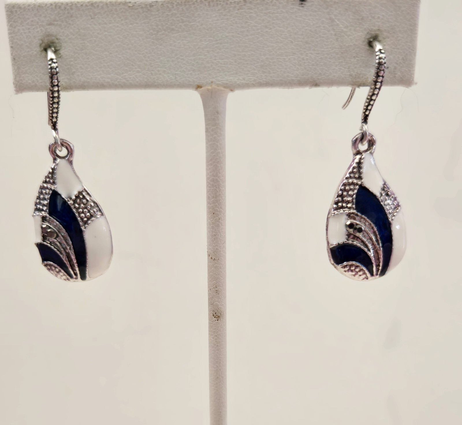 Blue White Enamel Dangle Earrings Teardrop Silver Tone Hook Backs Pierced Drop
