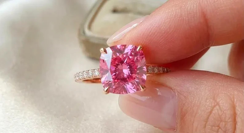 Pink Cushion Cut Moissanite Engagement Ring | Sterling Silver Statement Ring