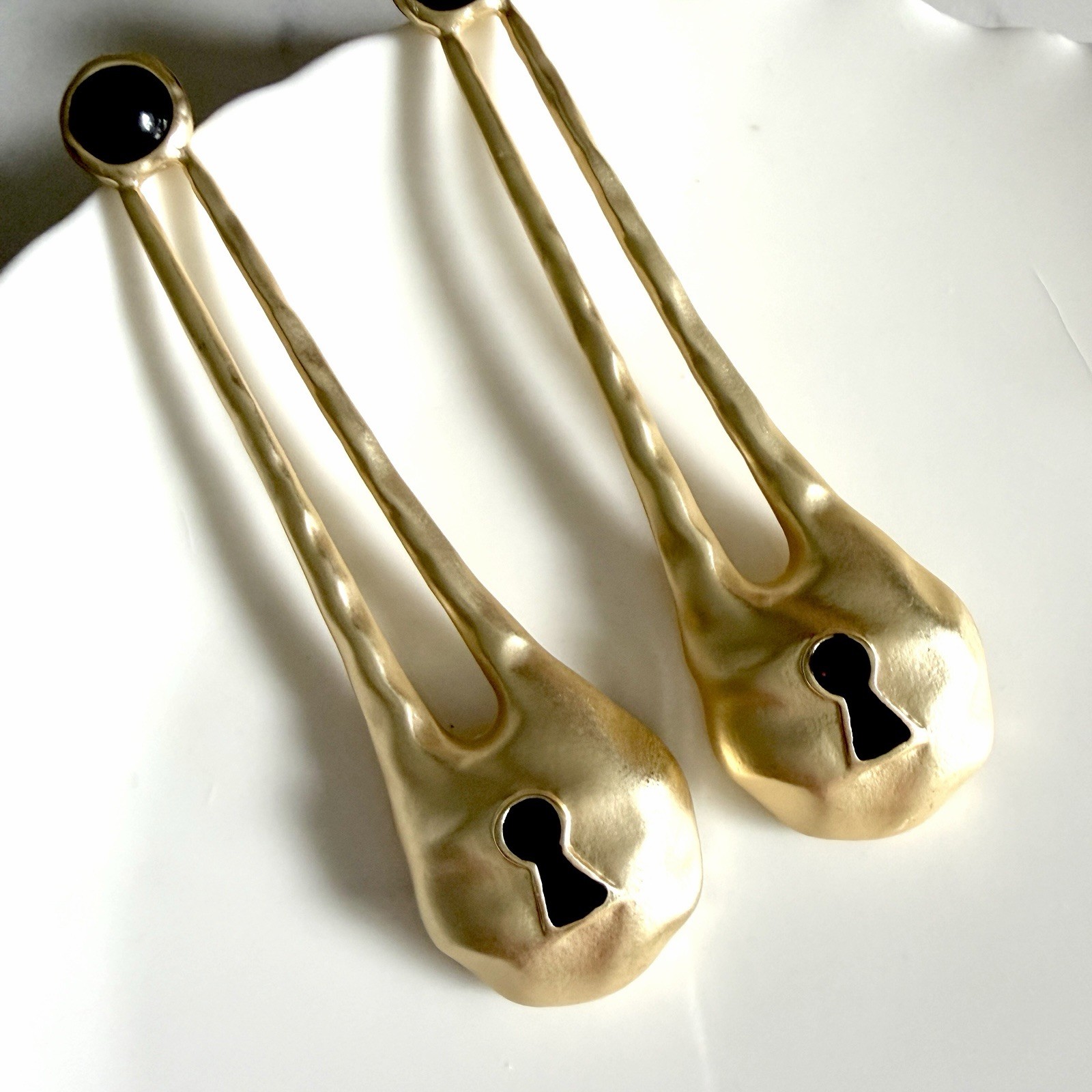 Schiaparelli Inspired Gold Drop Keyhole Long Key Earrings Padlock Surrealist NEW