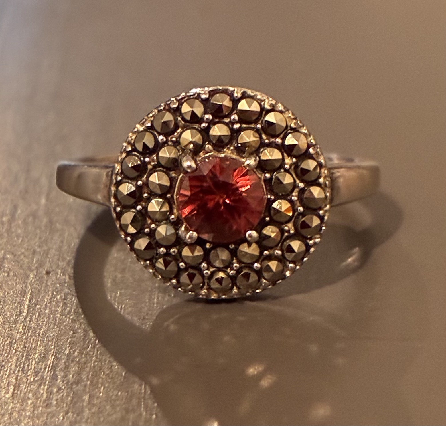 925 Sterling Silver Halo Marcasite & Garnet Art Deco Style Ring Size UK O