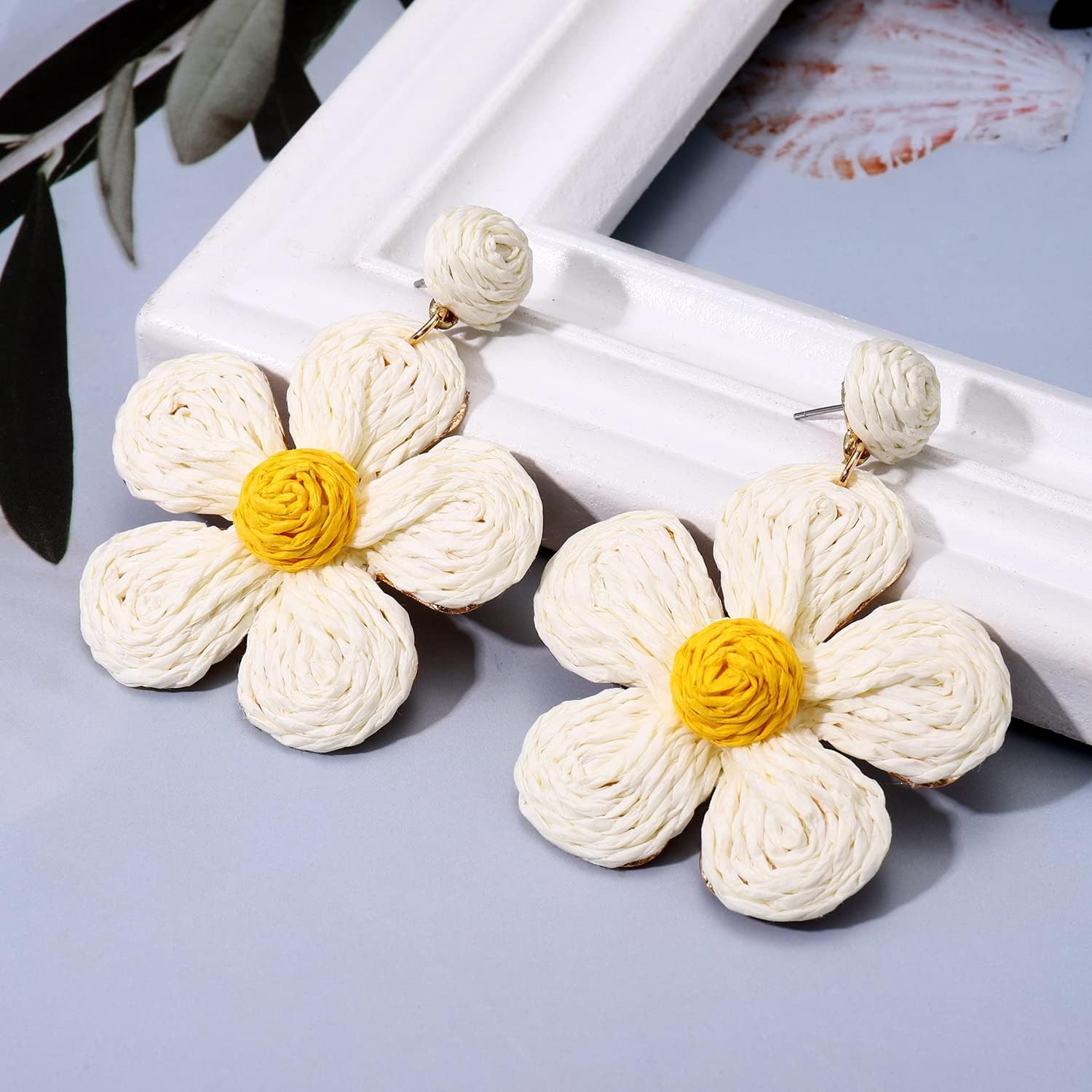 Rattan Flower Drop Earrings Raffia Straw Dangle Beach Jewelry Women