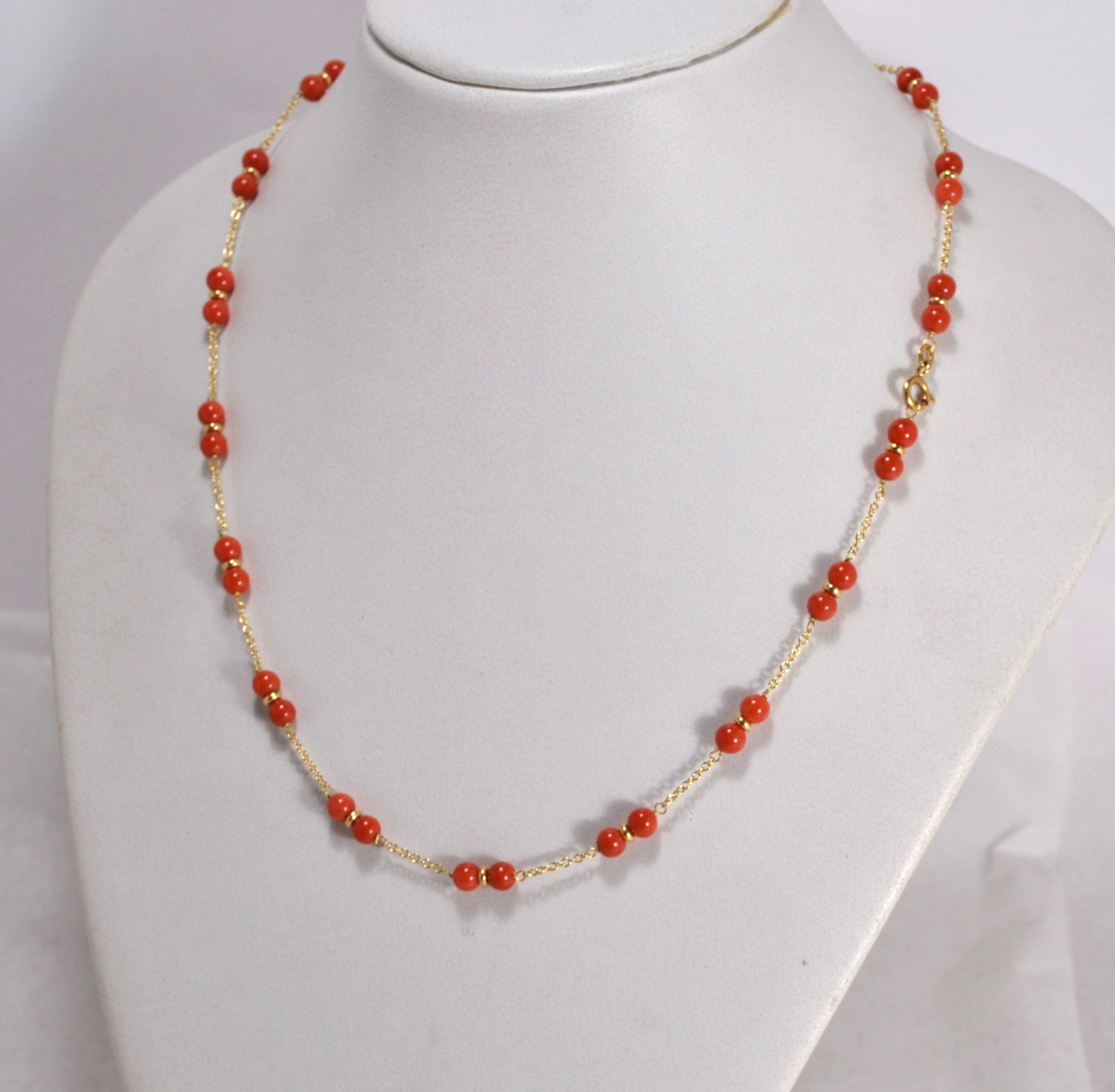 18kt GOLD NECKLACE RED CORAL BALLS FIRST CHOICE 5mm DOUBLE OGLN 0279