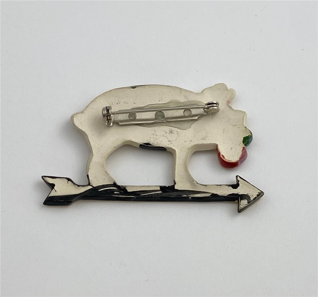Vintage Ceramic Enamel Pig on Weather Van Brooch Pin